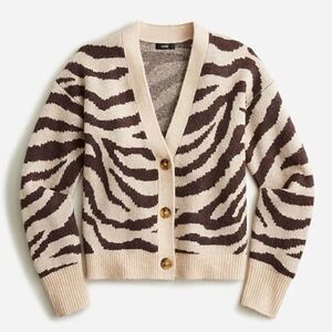 J CREW Cardigan Sweater Wool Alpaca Button Up Zebra Print Brown Tan Size XL